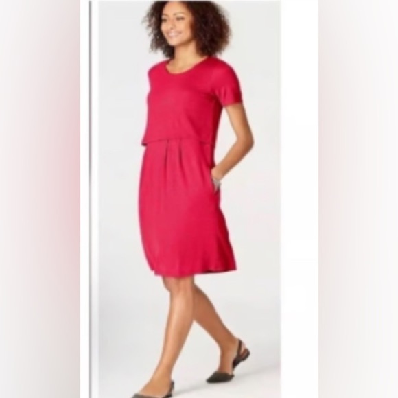 J Jill Sangria Red Slub Knit Layered Dress Size L Buttons Back Pockets Stretch - Picture 2 of 14